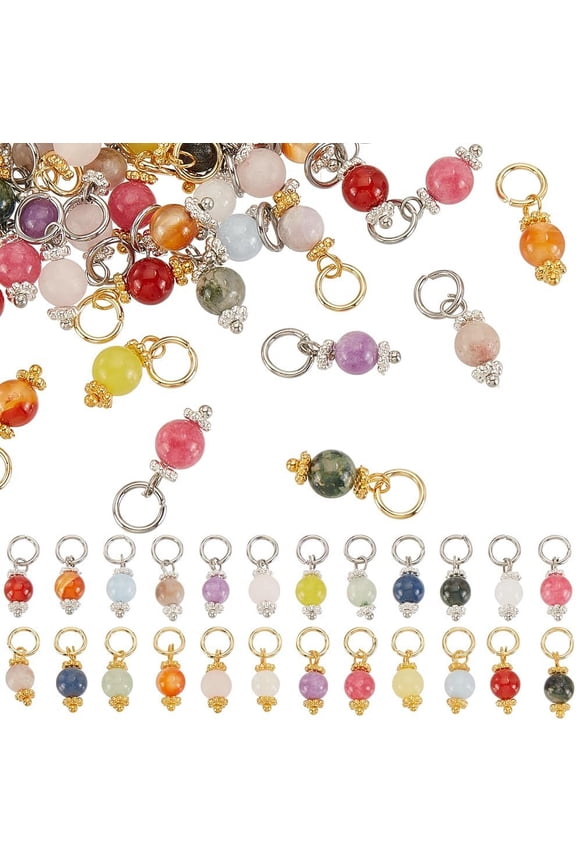 1Sets 144 Pcs Nature Mixed Gemstone Dangle Charms 24 Colors Round Stone Pendants with Jump Ring Ball Birthstone Charm for Necklace Bracelet Jewelry Making 18x15mm