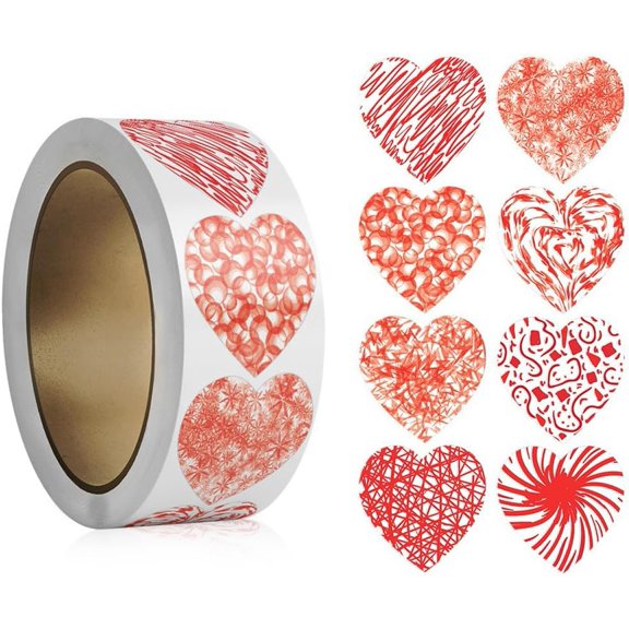 1Sets 2 Rolls 1000Pcs Heart Paper Stickers 57x28mm Red Adhesive Labels Wedding Crafting Scrapbooking Decorative Presents for Party Envelopes Seals Gift Packaging Red