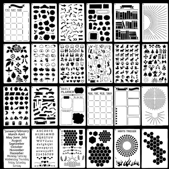 1Sets 24 Sheets Journal Stencils Kit Plastic Clear White Drawing Painting Create Calendars Schedule Productivity Templates Stencil for Journal Planner Craft Diary Scrapbook DIY Accessories
