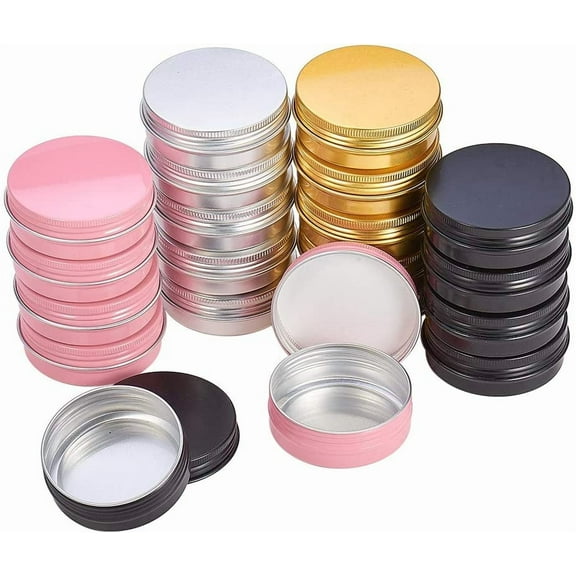 1Sets 2oz 28 Pack Aluminum Tin Cans Round Metal Tin Container Screw Top Steel Tin Cans Cosmetic Sample Containers Candle Travel Tins(Silver Black Rose Gold)
