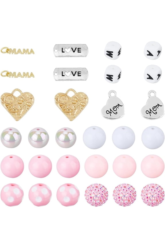 1Sets 30Pcs Mom's Day Bubblegum Beads Silicone Letter Beads Heart Charms Bubblegum Beads Brass Alloy Pendants for DIY Jewelry Making Gifts