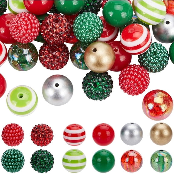 1Sets 48Pcs Christmas Bubblegum Beads 20mm Chunky Bead Bulk Acrylic Resin Colorful Gum Ball Rhinestone Chunk Round Striped Beadable Pens Beads for Jewelry Making Pen Beading Bracelet Supplies