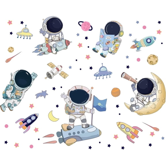 1Sets Astronaut Wall Decals Space Stars Moon Rocket Wall Stickers for Bedroom Wall Mural and Airship Wall Decor for Living Room Removable Stickers for Kid's Home Walls Decoration
