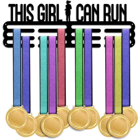 1Sets Medal Holder This Girl Can Run Medal Hanger Display Rack Hanger Awards Ribbon Cheer 3 Lines Sport Award Rack Wall Mount Metal Frame for Over 50 Medals Necklace Jewelry 15.75 Inch/40cm