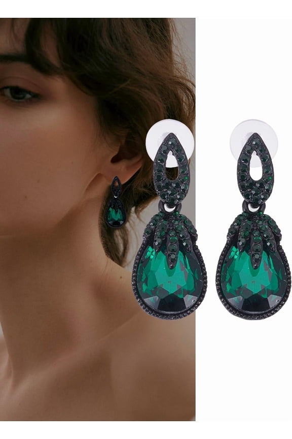 1Sets Vintage Rhinestone Dangle Earrings Dark Green Teardrop Earrings Green Water Drop Earrings for Women Parties Weddings and Daily Wear