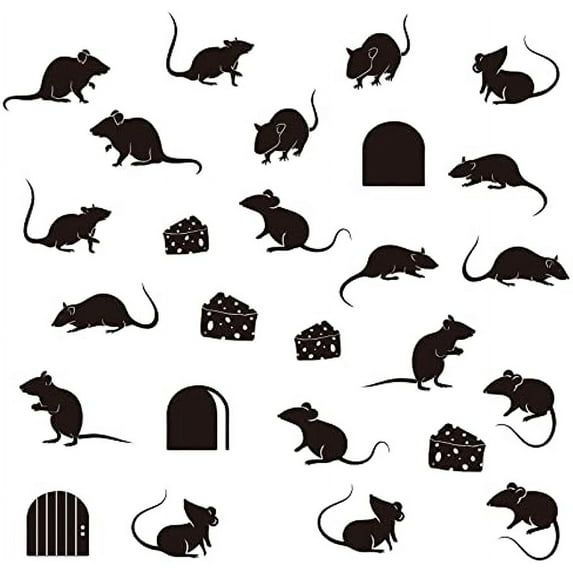 1Sheet 26 Pieces Black Mouse Stickers Doors Wall Decals Mice Cheese Stair Mural Decals DIY Tile Decal Waterproof Home