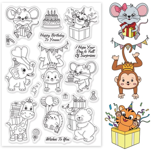 1Sheet Animal Birthday Party Clear Stamp Giraffe Tiger Monkey Transparent Silicone Stamp for Scrapbook Birthday Card Making 4.3 x 6.3 inch Multi-color