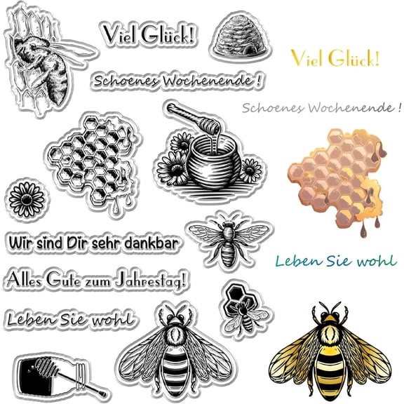 1Sheet Bees Clear Rubber Stamps German Text Beehive Honey Flower Bee Reusable Postmark Transparent Silicone Stamp Seals for Journaling Card Making Decor DIY Scrapbooking Film Frame Photo Album