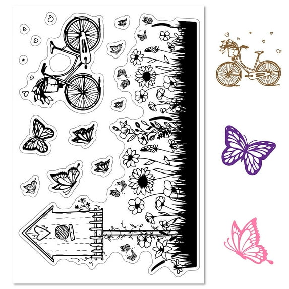 1Sheet Butterfly Clear Rubber Stamps Mailbox Grass Spring Bike Transparent Vintage Silicone Bicycle Seals Postmark Journaling Card Making DIY Scrapbooking Photo Album Decorative Film Frame