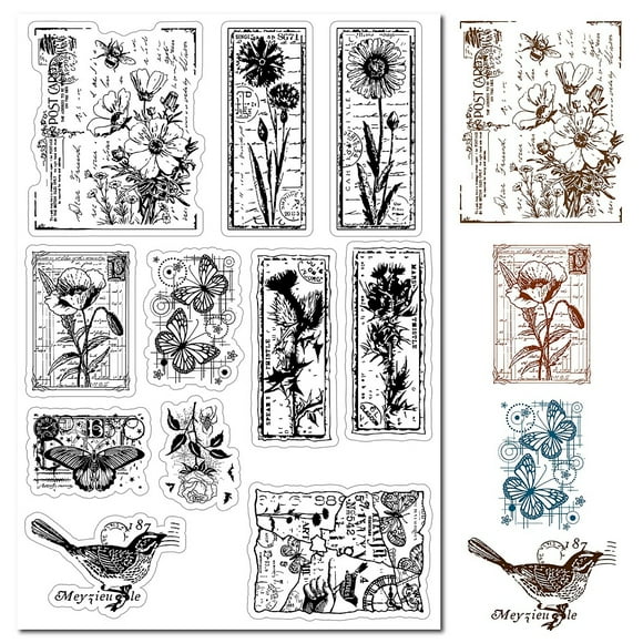 1Sheet Flowers Postcard Clear Rubber Stamp Poppy Moth Birds Butterfly Plants Vintage Transparent Silicone Seals Stamp for Journaling Card Making DIY Scrapbooking Handmade Photo Album Notebook Decor