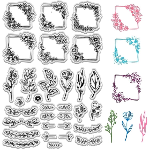 1Sheet Plant Silicone Stamp Clear Rubber Stamps Wreath Floral Flower Leave Reusable Transparent Vintage Stamps Seal for DIY Craft Scrapbooking Journaling Card Making Decoration Supplies 6.3 x 4.3In