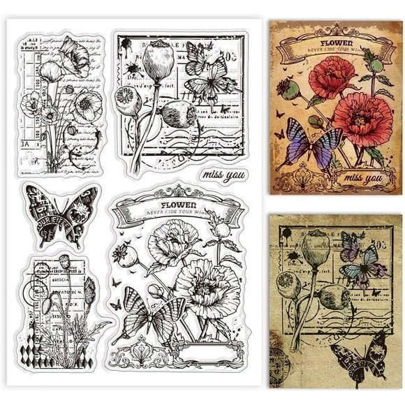 1Sheet Poppies Butterflies Silicone Clear Stamp Seals for DIY Scrapbooking Photo Album Journal Home Decoration