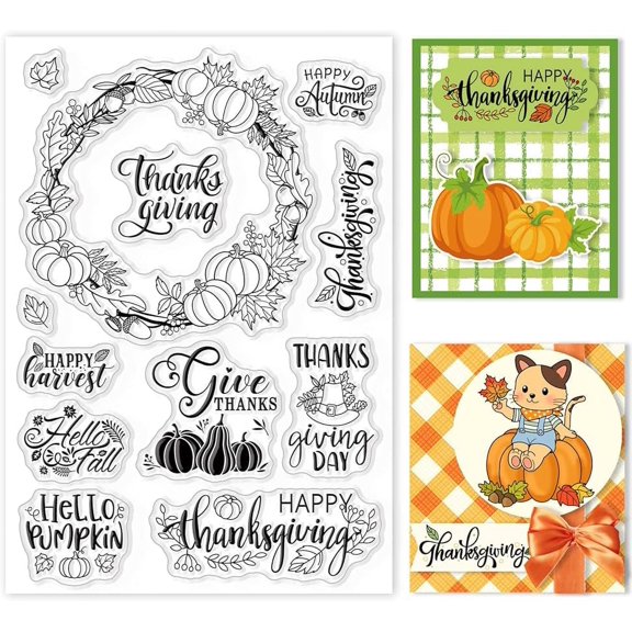 Thanksgiving Rubber Stamp Set - 13 Wood Mount Stamps For Fall Crafting & Card Making