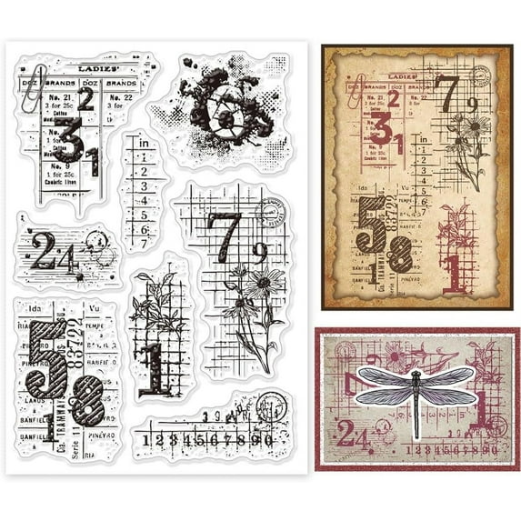 1Sheet Vintage Numbers Background Transparent Clear Stamps Flower Word Embossing Stamp Sheets Silicone Clear Stamps Seal
