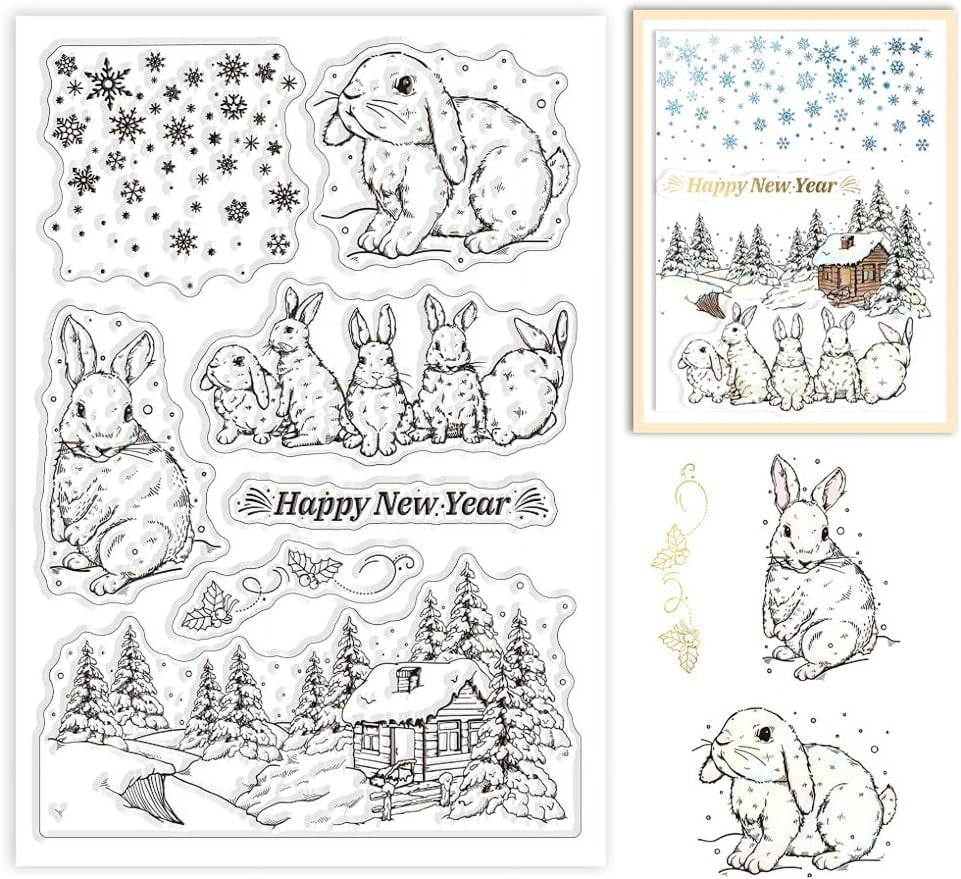 1Sheet Winter Rabbit Clear Stamps Wood House with Snowflake New Year ...