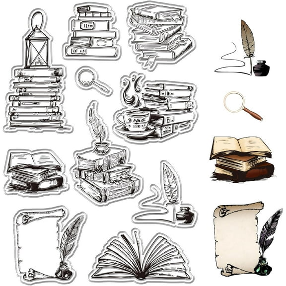 1Sheets Books Clear Stamps Magnifying Glass Quill Reusable Retro Transparent Silicone Stamp Seals for Scrapbooking Photo Album Decorative Journaling Card Making DIY Christmas Gifts