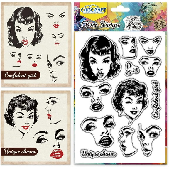 1Sheets Female Face Clear Stamps Facial Expressions Transparent Stamps Retro Feel Silicone Clear Stamp Seals for Carding Making DIY Scrapbooking Photo Album Decoration 4.3x6.3 inch