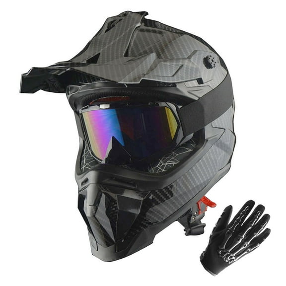 1Storm Adult Motocross Helmet ATV Dirt Bike BMX MX Downhill Mountain Helmet Track Style JH601; Carbon Fiber Black + Goggles + Skeleton Black Glove Bundle