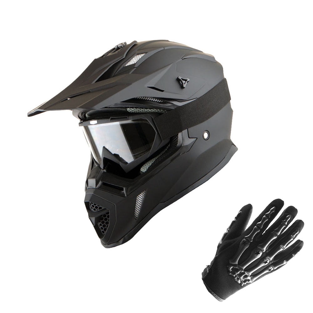1Storm Adult Motocross Helmet BMX MX ATV Dirt Bike Downhill Mountain Bike Helmet H637 Racing Style; Matt Black + Goggles + Skeleton Black Glove Bundle