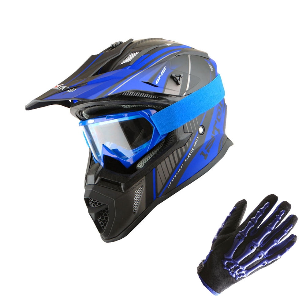 1Storm Adult Motocross Helmet BMX MX ATV Dirt Bike Downhill Mountain Bike Helmet H637 Racing Style; Storm Blue + Goggles + Skeleton Blue Glove Bundle