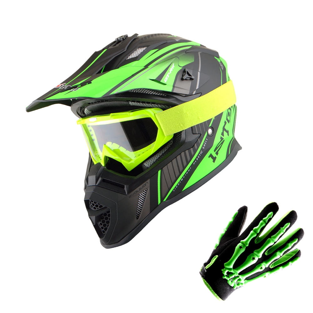 1Storm Adult Motocross Helmet BMX MX ATV Dirt Bike Downhill Mountain Bike Helmet H637 Racing Style; Storm Green + Goggles + Skeleton Green Glove Bundle