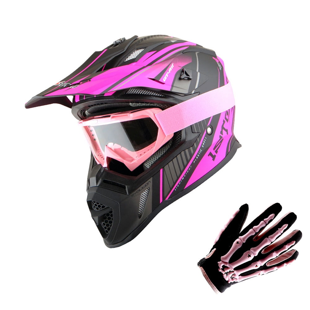 1Storm Adult Motocross Helmet BMX MX ATV Dirt Bike Downhill Mountain Bike Helmet H637 Racing Style; Storm Pink + Goggles + Skeleton Pink Glove Bundle