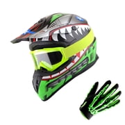 1Storm Adult Motocross Helmet BMX MX ATV Dirt Bike Downhill Mountain Bike Helmet SC09S Monster Shark Green; + Goggles + Skeleton Green Glove Bundle