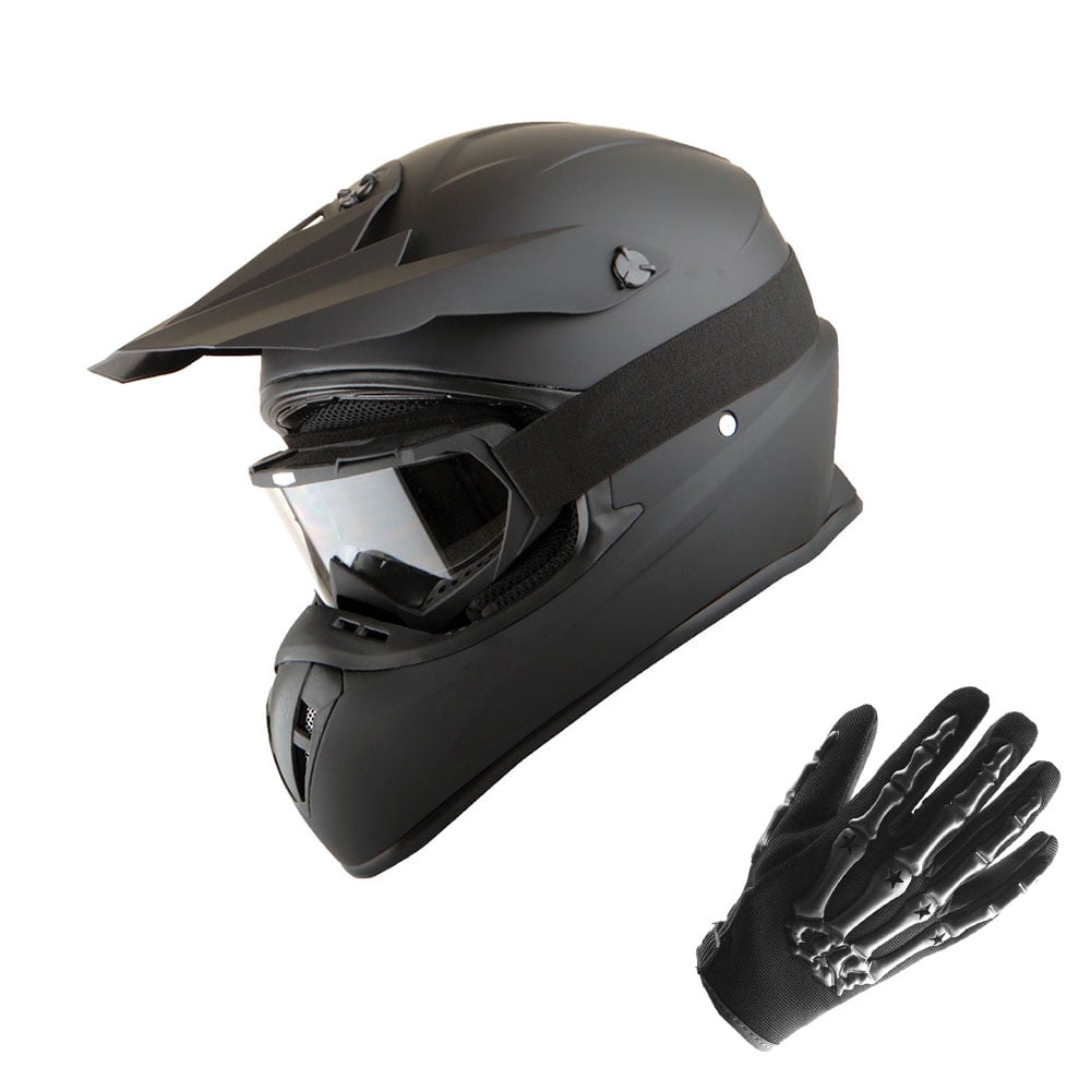 1Storm Adult Motocross Helmet BMX MX ATV Dirt Bike Downhill Mountain Bike Helmet SC09S Monster Shark Matt Black; + Goggles + Skeleton Black Glove Bundle