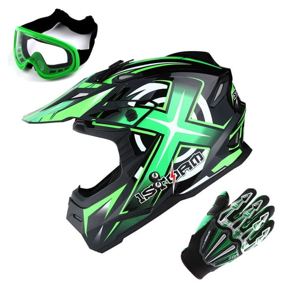 1Storm Adult Motocross Helmet BMX MX ATV Dirt Bike Helmet Racing Style HF801 + Goggle + Gloves Bundle; Sonic Green
