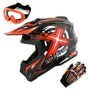 1Storm Adult Motocross Helmet BMX MX ATV Dirt Bike Helmet Racing Style HF801 + Goggle + Gloves Bundle; Sonic Orange