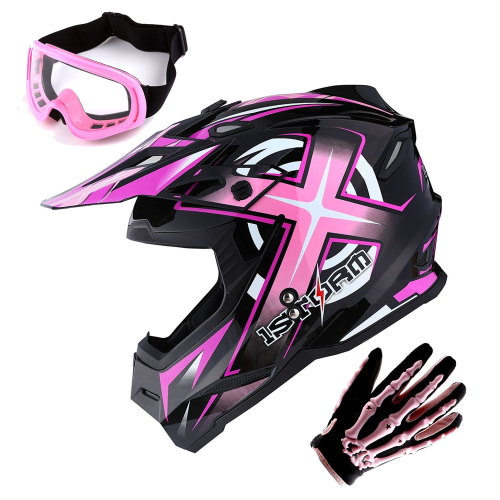 1Storm Adult Motocross Helmet BMX MX ATV Dirt Bike Helmet Racing Style HF801 + Goggle + Gloves Bundle; Sonic Pink