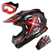 1Storm Adult Motocross Helmet BMX MX ATV Dirt Bike Helmet Racing Style HF801 + Goggle + Gloves Bundle; Sonic Red