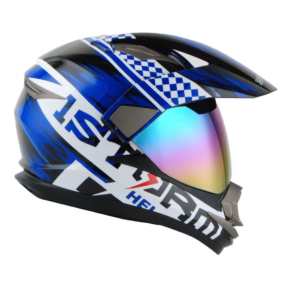 dual sport motorcycle helmets blue Swirl Visor Adult Modular Typhoon Helmet Typhoon meaning more surface area to glance off impact energy whilst offering easy installation and removal of the visor and peak CX200 Liberty Dual-Sport Motorcycle Helmet