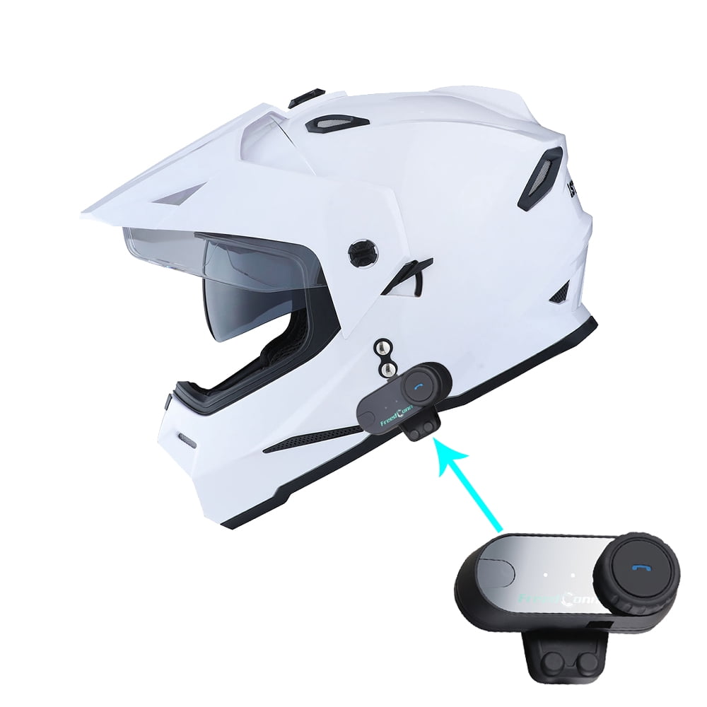 1Storm Dual Sport Motorcycle Motocross Off Road Full Face Helmet Dual Visor HF802 Glossy White + Motorcycle Bluetooth Headset