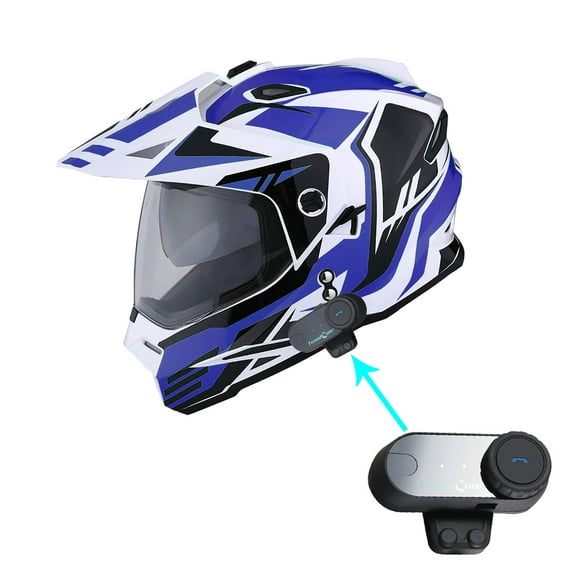 1Storm Dual Sport Motorcycle Motocross Off Road Full Face Helmet Dual Visor HF802 Storm Force Blue + Motorcycle Bluetooth Headset
