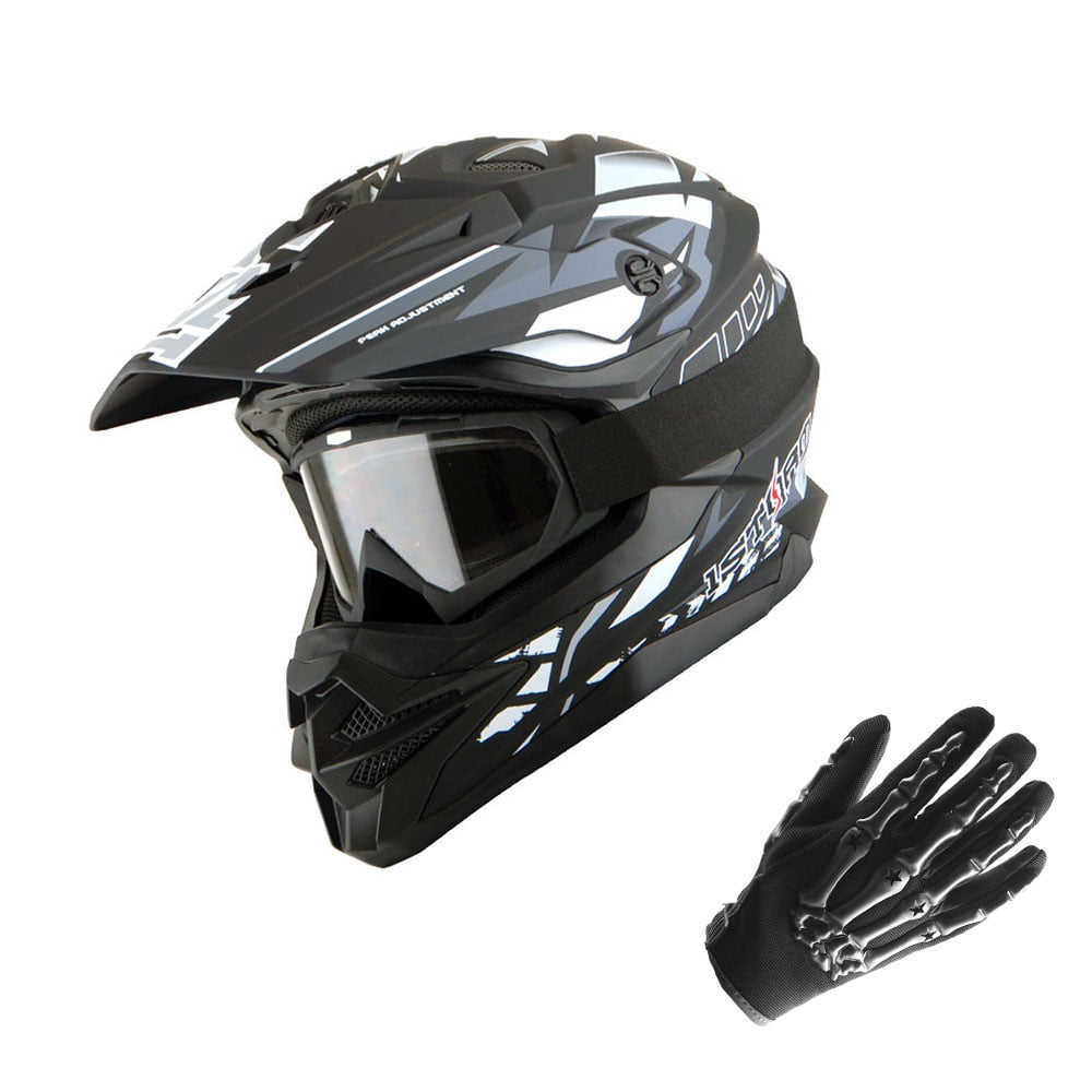 1Storm Motocross Adult Helmet Downhill Mountain Bike Helmet BMX MX ATV Dirt Bike Storm Style HF803; Storm Black + Goggles + Skeleton Black Glove Bundle