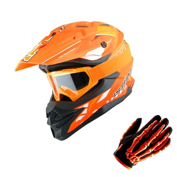 1Storm Motocross Adult Helmet Downhill Mountain Bike Helmet BMX MX ATV Dirt Bike Storm Style HF803; Storm Orange + Goggles + Skeleton Orange Glove Bundle