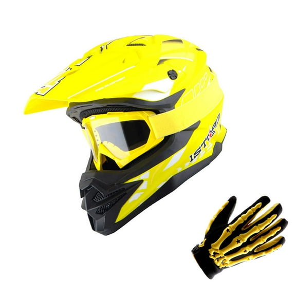 1Storm Motocross Adult Helmet Downhill Mountain Bike Helmet BMX MX ATV Dirt Bike Storm Style HF803; Storm Yellow + Goggles + Skeleton Yellow Glove Bundle