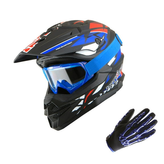 1Storm Motocross Adult Helmet Downhill Mountain Bike Helmet BMX MX ATV Dirt Bike Storm Style HF803; Red Blue + Goggles + Skeleton Blue Glove Bundle