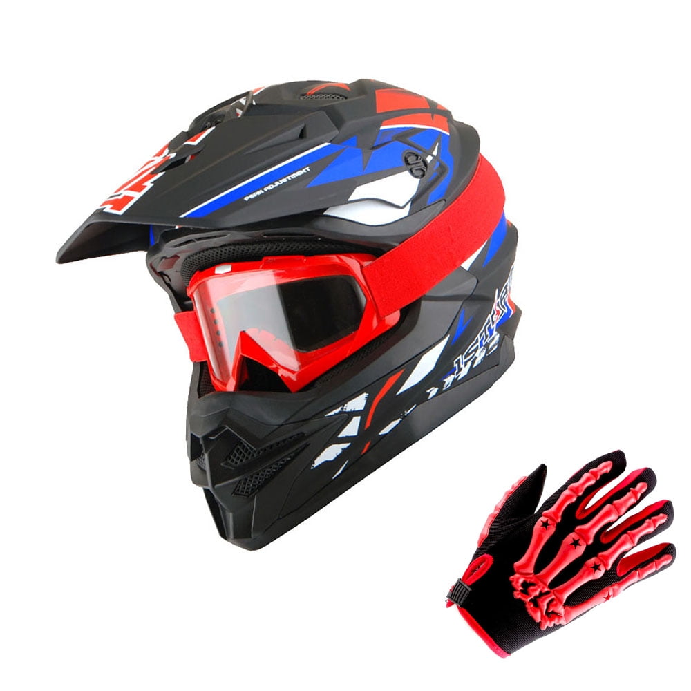 1Storm Motocross Adult Helmet Downhill Mountain Bike Helmet BMX MX ATV Dirt Bike Storm Style HF803; Red Blue + Goggles + Skeleton Red Glove Bundle