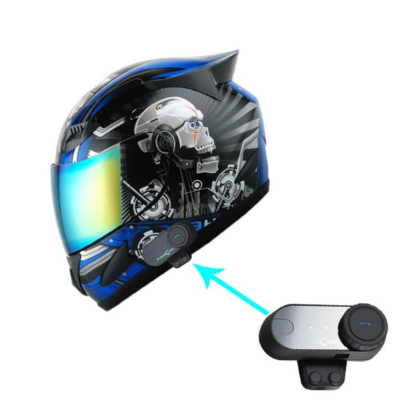 1Storm Motorcycle Bike Full Face Helmet Mechanic HJDJ11 + Motorcycle Bluetooth Headset: Skull Blue