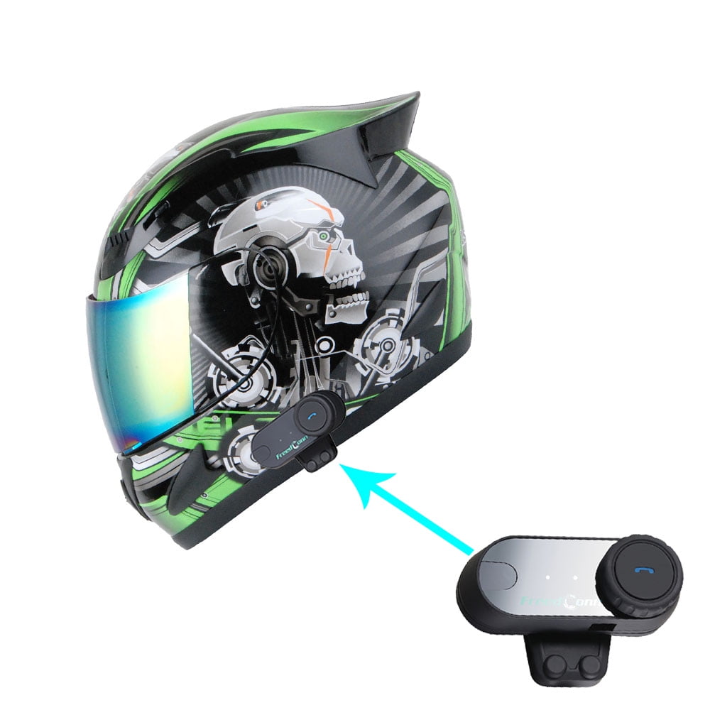 1Storm Motorcycle Bike Full Face Helmet Mechanic HJDJ11 + Motorcycle Bluetooth Headset: Skull Green