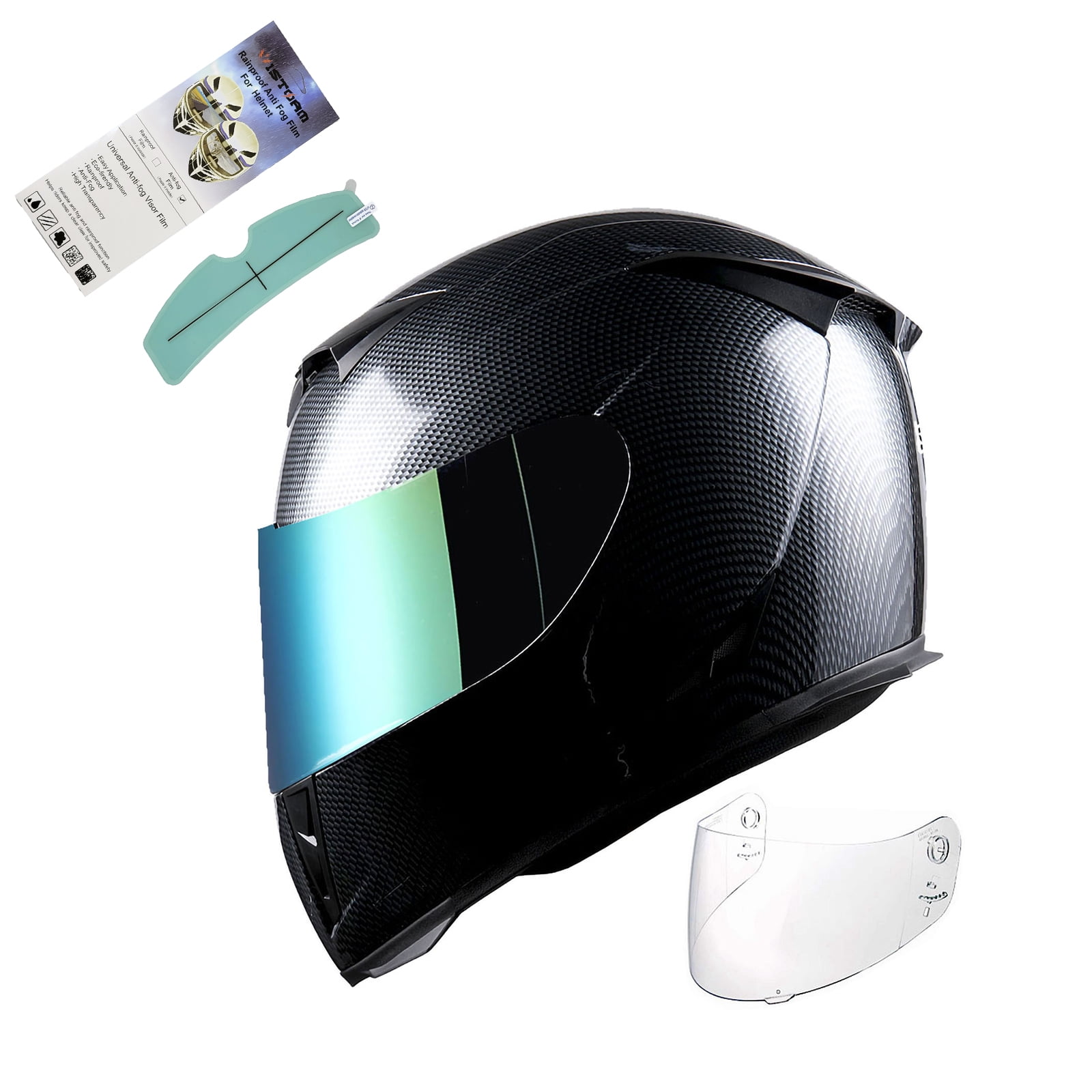 1Storm Motorcycle Full Face Helmet Street Bike Skull King HJK311 + One Extra Clear Shield ; Carbon Fiber Black