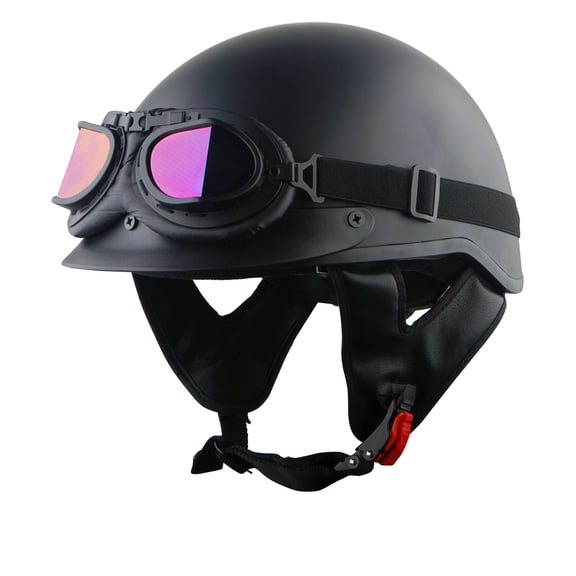 1Storm Motorcycle Half Face Helmet HKY205V Mopeds Scooter Pilot with retractable Inner Smoked Visor, Matt Black + T008 Black Tinted Goggle Bundle