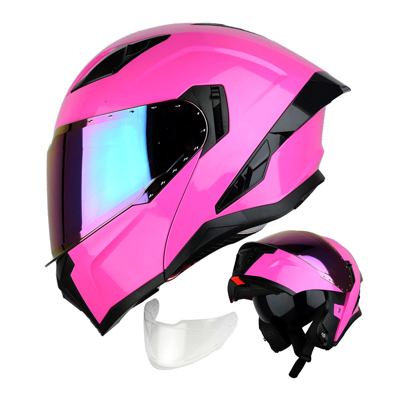 1Storm Motorcycle Modular Flip up Dual Visor Helmet Street Bike Sun Shield Full Face KT928: Glossy Pink + One Extra Clear Shield
