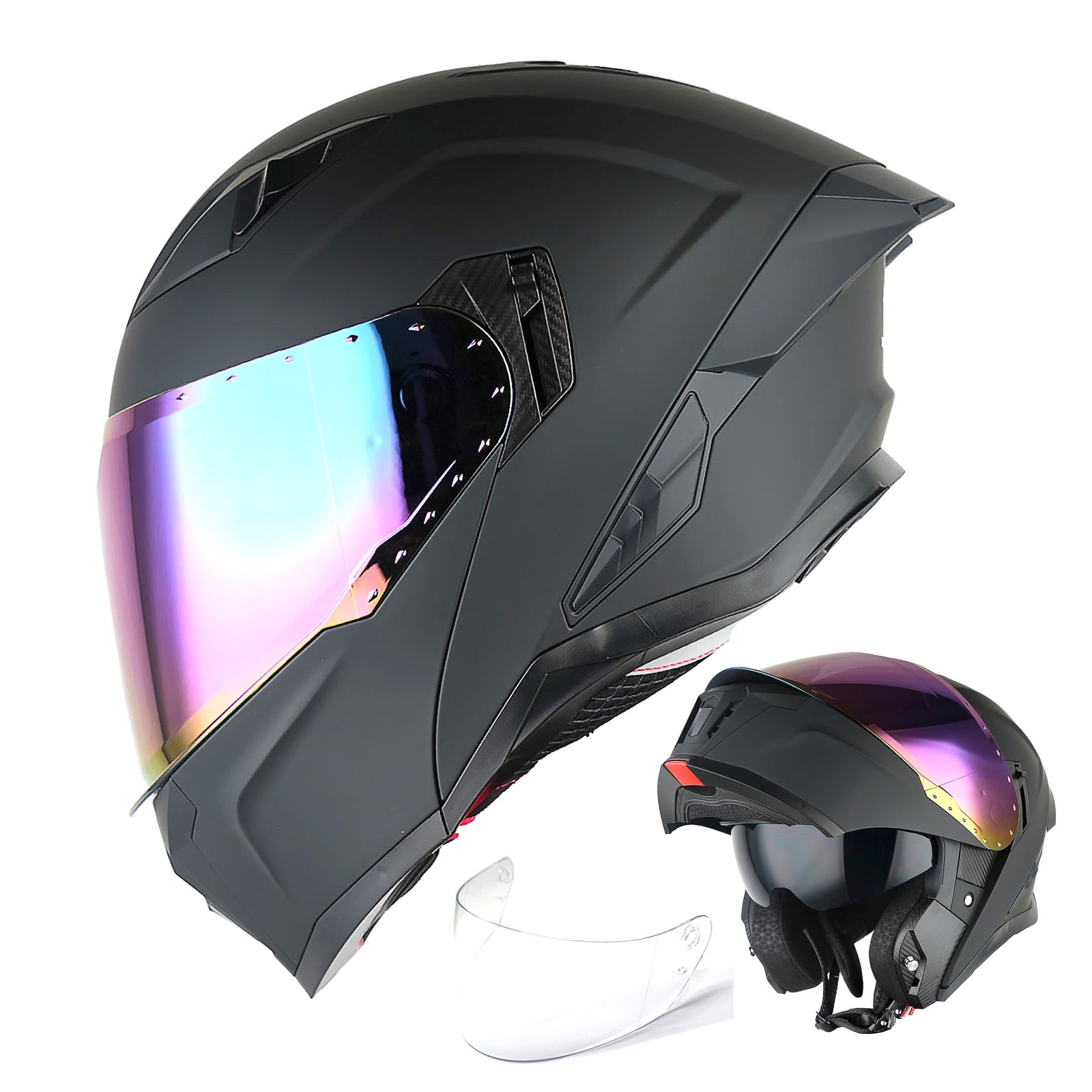 1Storm Motorcycle Modular Flip up Dual Visor Helmet Street Bike Sun Shield Full Face KT928: Matt Black + One Extra Clear Shield