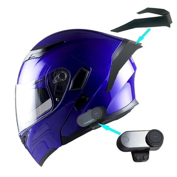 1Storm Motorcycle Modular Full Face Flip up Dual Visor Helmet + Spoiler + Motorcycle Bluetooth Headset: HB89 Glossy Blue