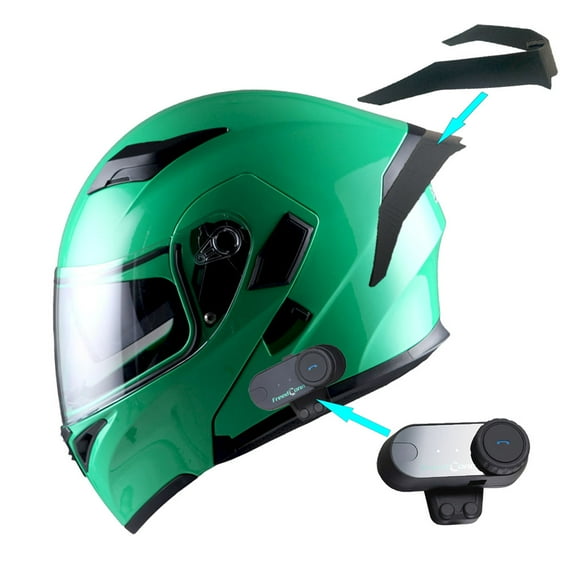 1Storm Motorcycle Modular Full Face Flip up Dual Visor Helmet + Spoiler + Motorcycle Bluetooth Headset: HB89 Glossy Green