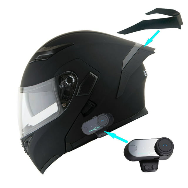1Storm Motorcycle Modular Full Face Flip up Dual Visor Helmet + Spoiler + Motorcycle Bluetooth Headset: HB89 Matt Black