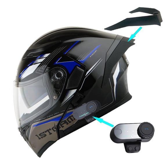 1Storm Motorcycle Modular Full Face Flip up Dual Visor Helmet + Spoiler + Motorcycle Bluetooth Headset: HB89 Storm Blue